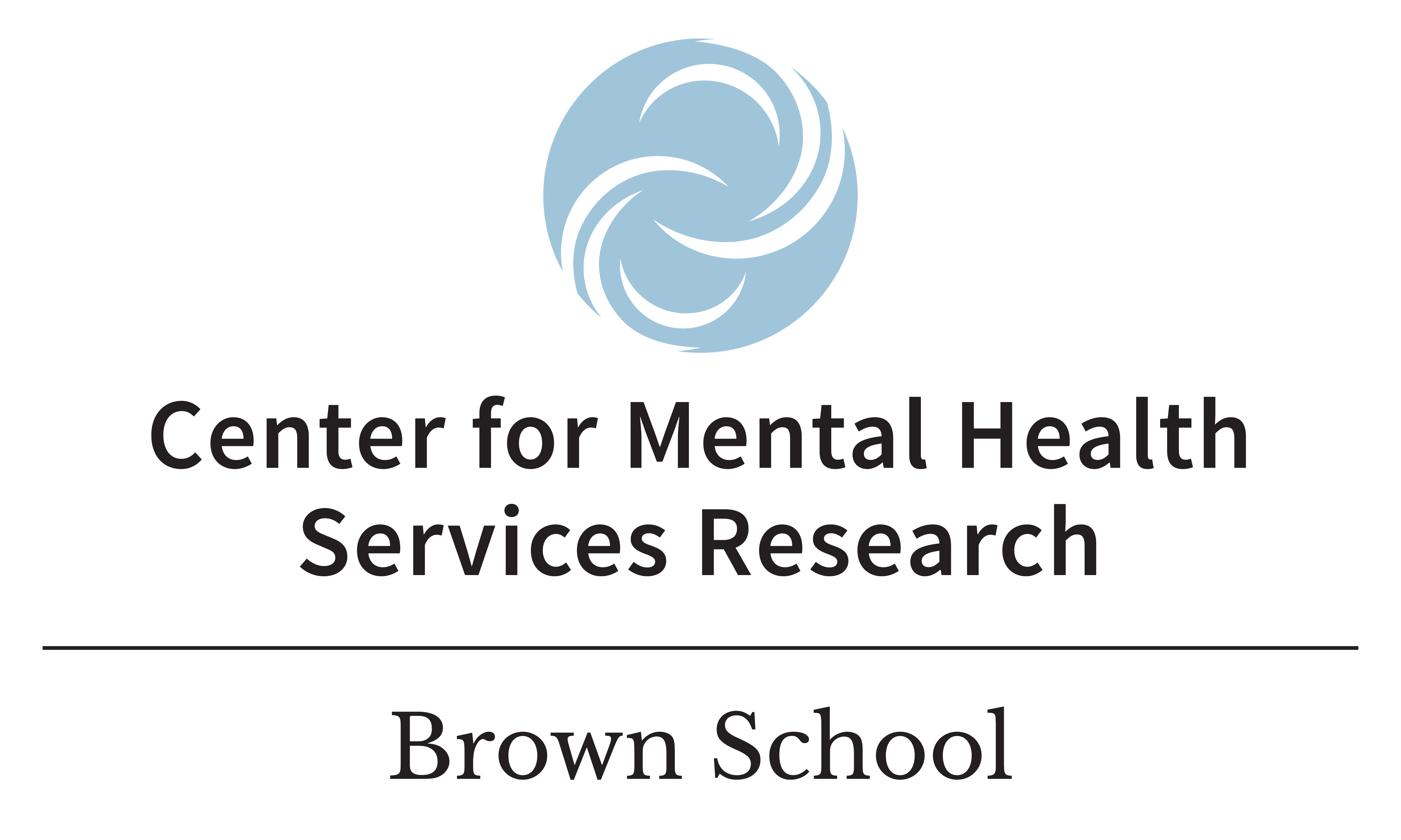 The logo for center for mental health services research has a blue circle with white swirls in it above the words
